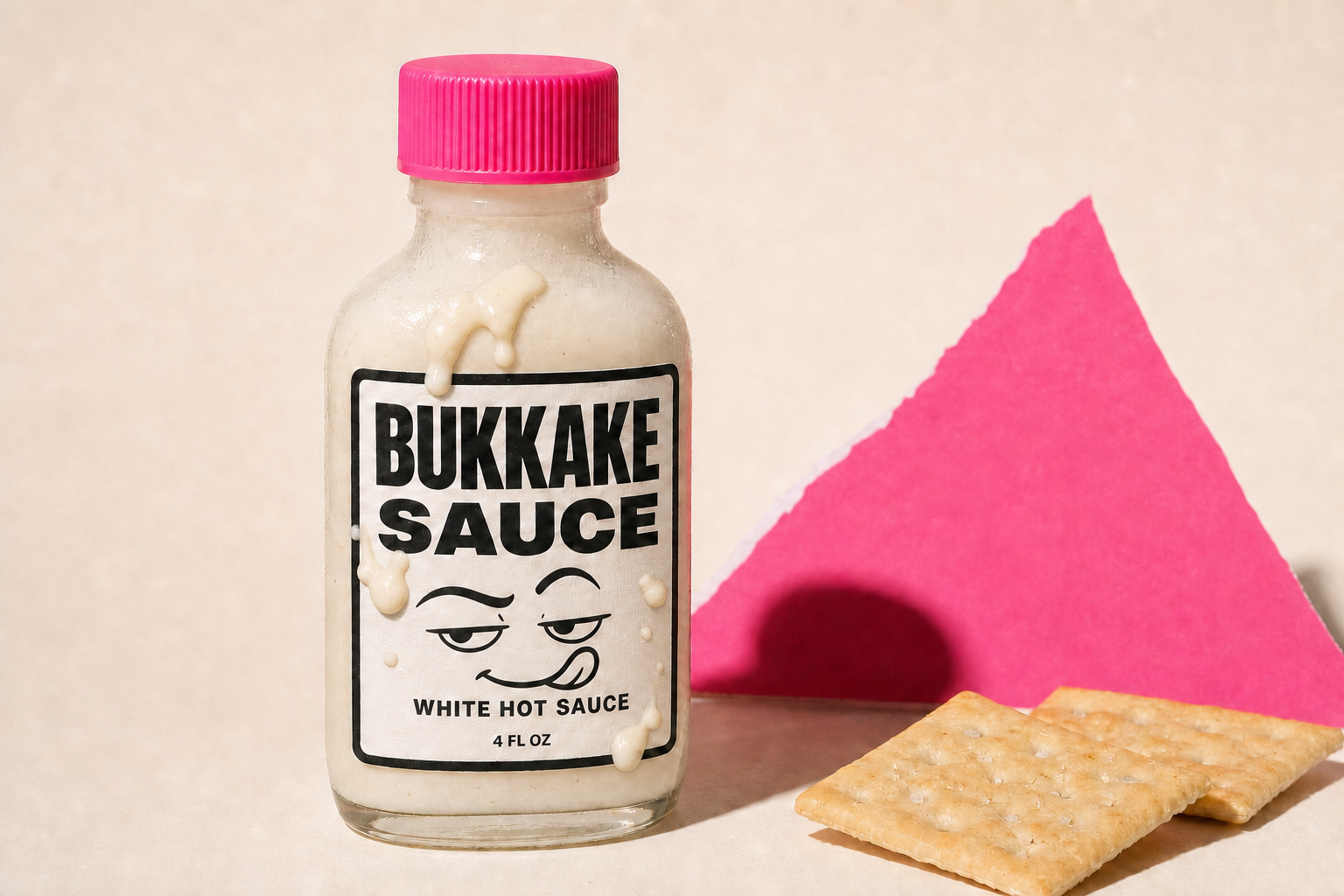 Studio mockup of a four-ounce Bukkake Sauce bottle with glossy white sauce splotches, a pink cap, and a leering tongue-out label face